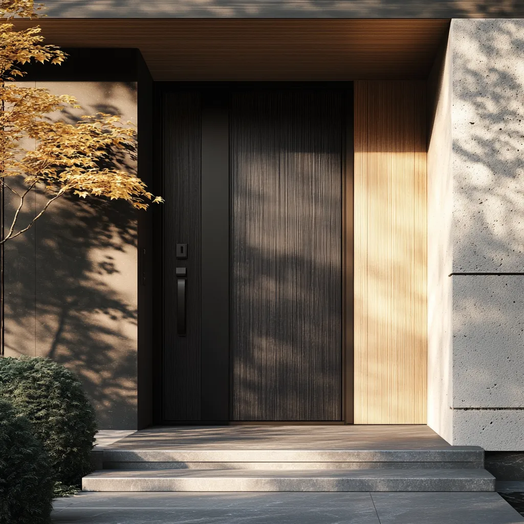 Minimalist Japandi exterior door featuring black oak finish, clean lines, and frosted glass panels casting soft shadows