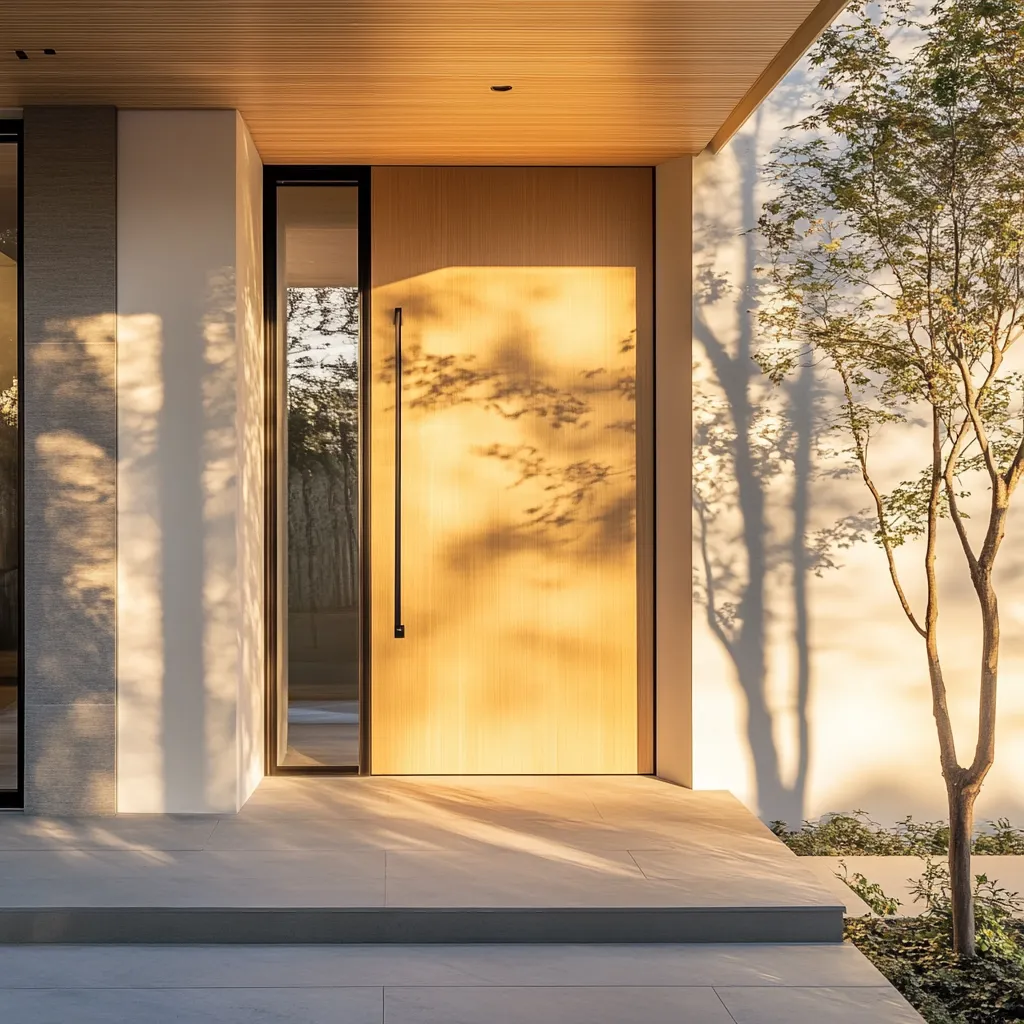 Minimalist Japandi front door in light maple wood with black hardware, morning sunlight casting shadows through adjacent windows