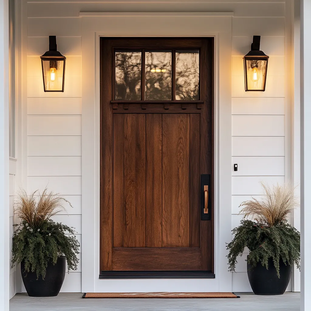 Minimalist Japandi front door in mahogany wood with brass handle and copper sconce lighting against white exterior walls