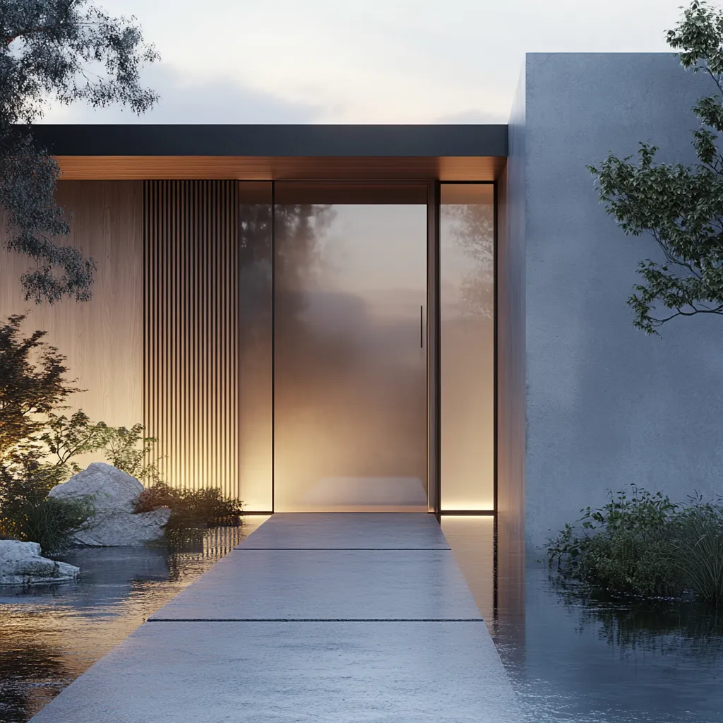 Minimalist Japandi front door with floating smoked glass panels and pale oak frame against textured concrete walkway in soft afternoon light