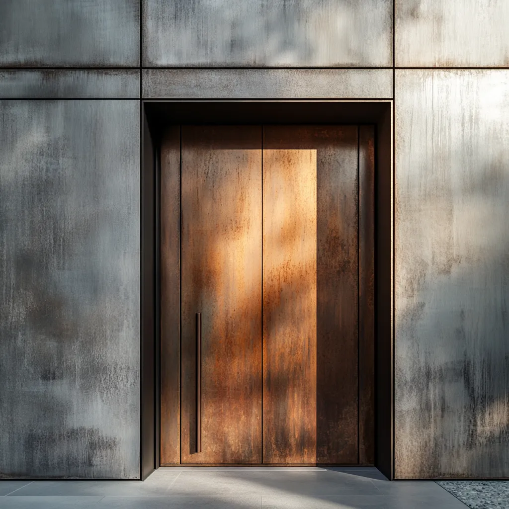 Minimalist Japandi front door with weathered steel frame and wooden inlays, bathed in afternoon sunlight creating dramatic shadows