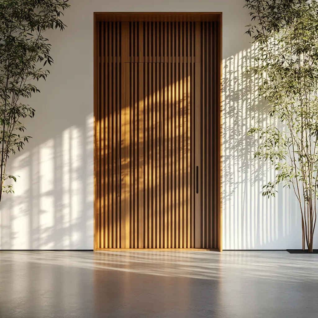 Minimalist Japanese Scandinavian fusion front door with bamboo panels and natural lighting creating shadow patterns