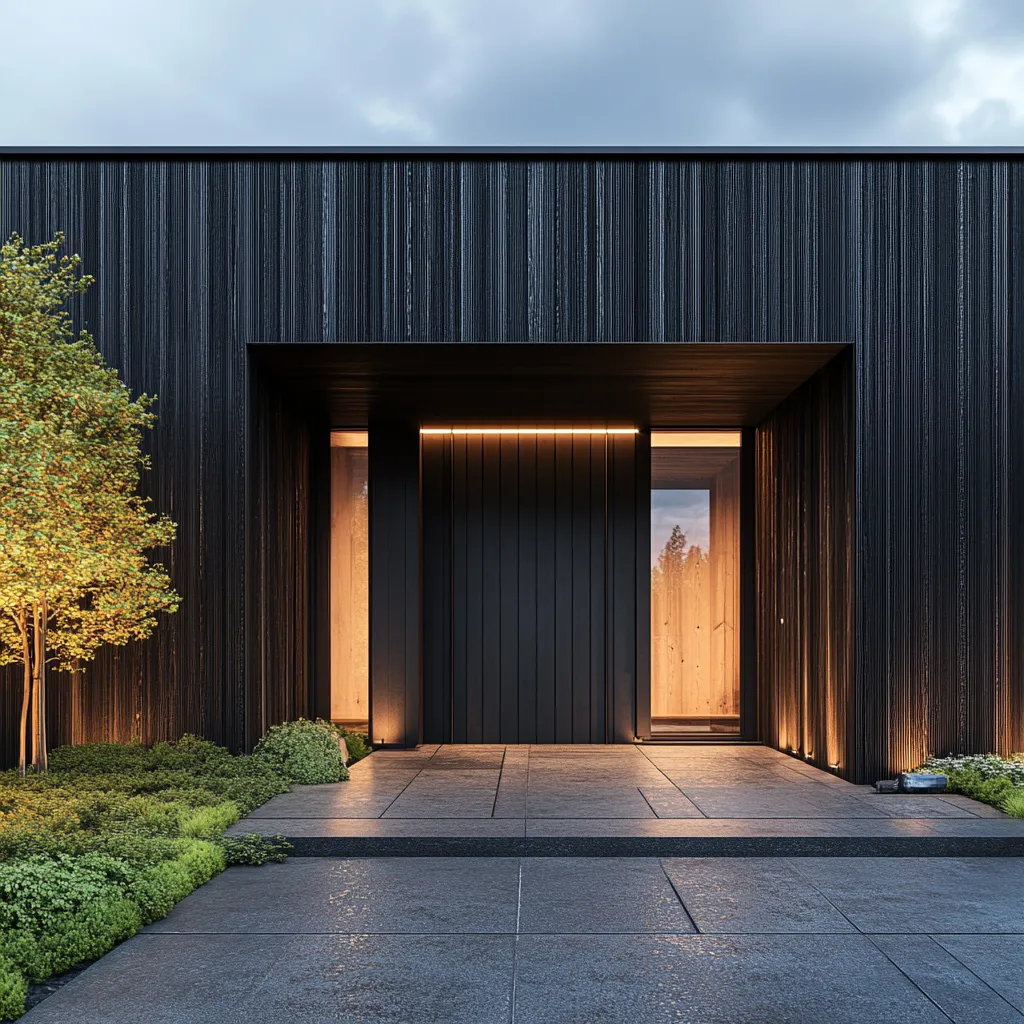 Minimalist Japanese-inspired front door with weathered cedar exterior and ambient evening lighting