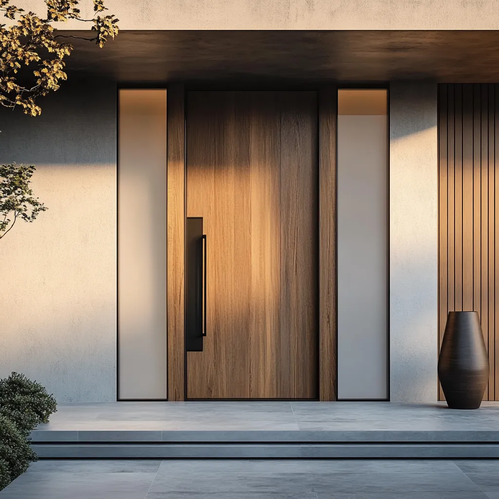 Minimalist teak wood front door with black hardware and frosted glass panels in morning light