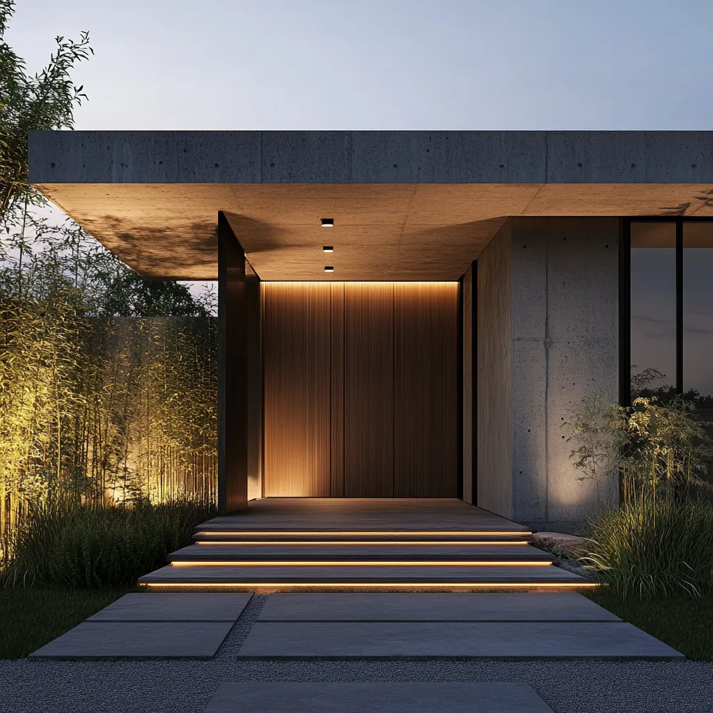 Modern Japandi entrance featuring wooden door under concrete overhang with ambient lighting and decorative grasses