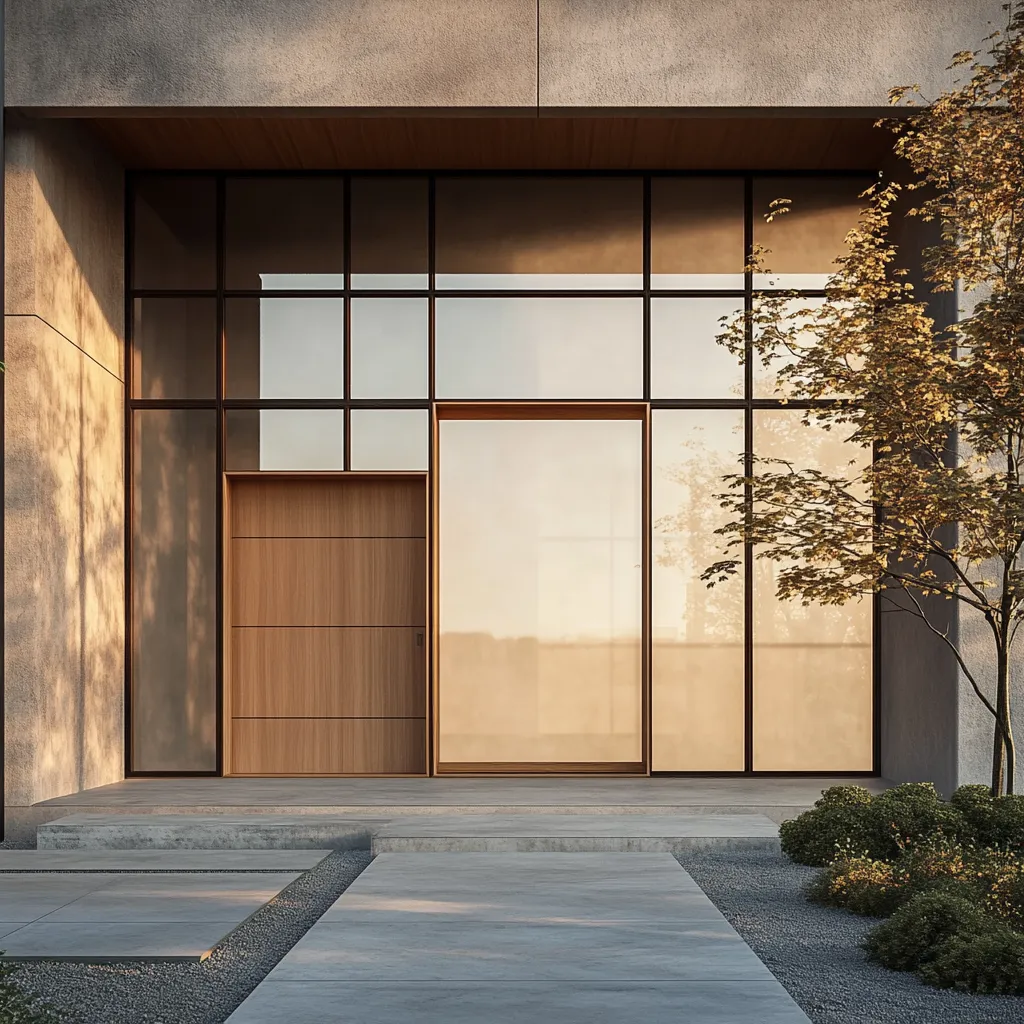 Modern Japandi entry door featuring translucent glass panels and minimalist Japanese Scandinavian architectural details in photorealistic detail