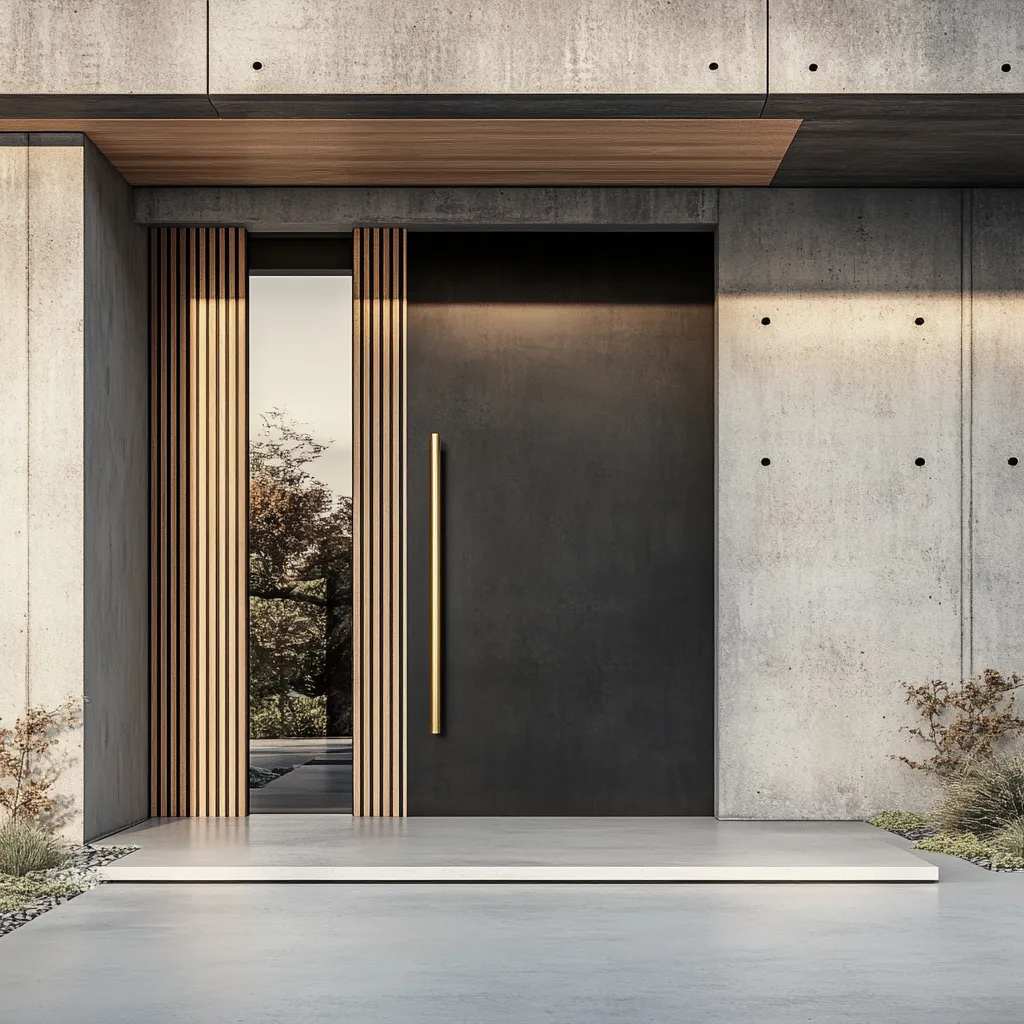 Modern Japandi front door in matte black with brass hardware, natural wood frame, and minimalist concrete entrance in soft afternoon light