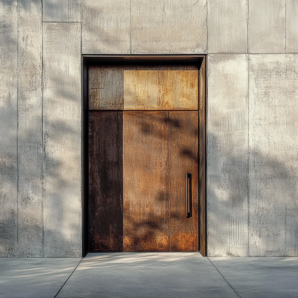 Modern Japandi front door with industrial steel frame and wooden details catching afternoon sunlight