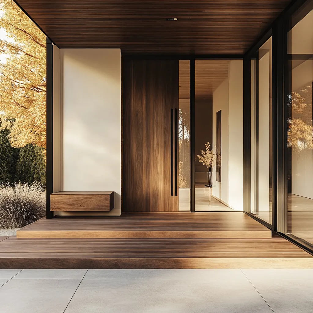 Modern Japandi front door with walnut paneling, minimalist white walls, matte black hardware, and natural light streaming through