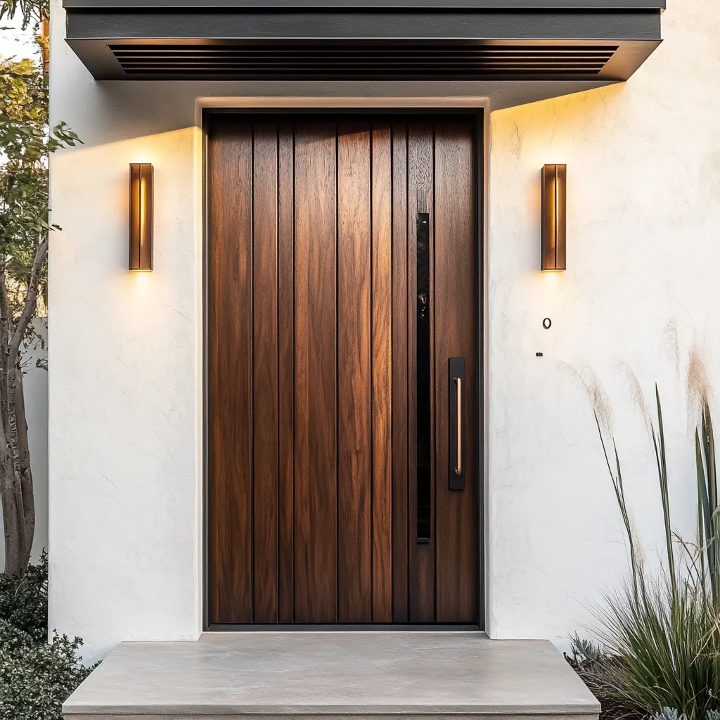 Modern Japandi-style front door featuring rich mahogany finish, minimalist design, and architectural lighting at dusk