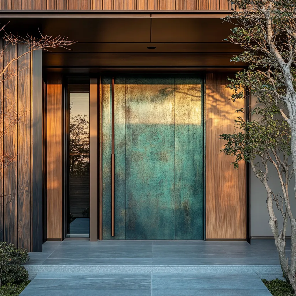 Modern Japanese-Scandinavian fusion entrance door with copper patina and minimalist architectural details