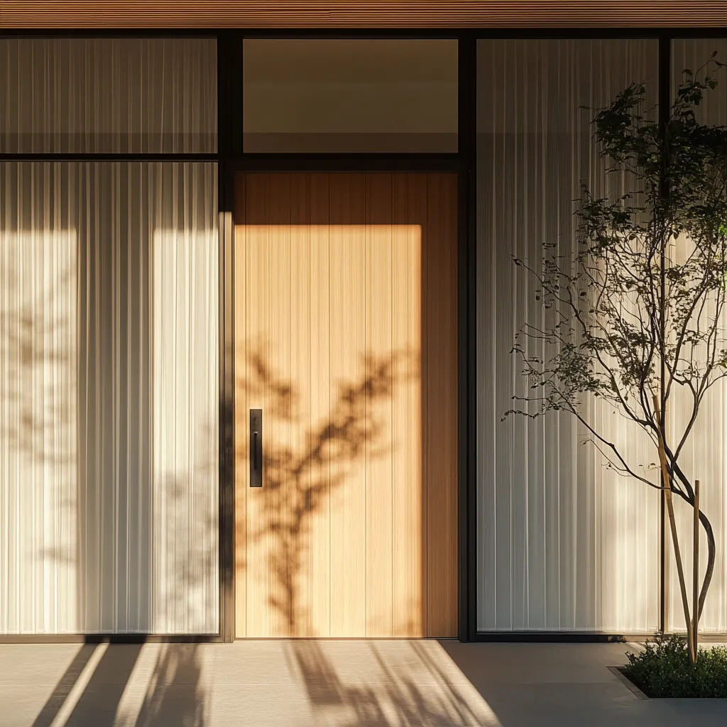 Modern Scandinavian Japanese fusion front door with prominent wood grain and minimal black hardware in morning light