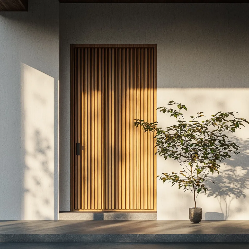 Modern zen front door featuring bamboo slatted panels and minimalist white exterior in afternoon light