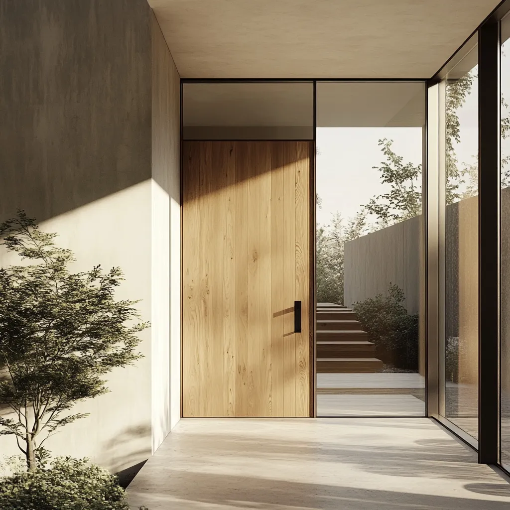 Serene Japandi front door with prominent wood grain, glass panels, and minimalist black hardware details