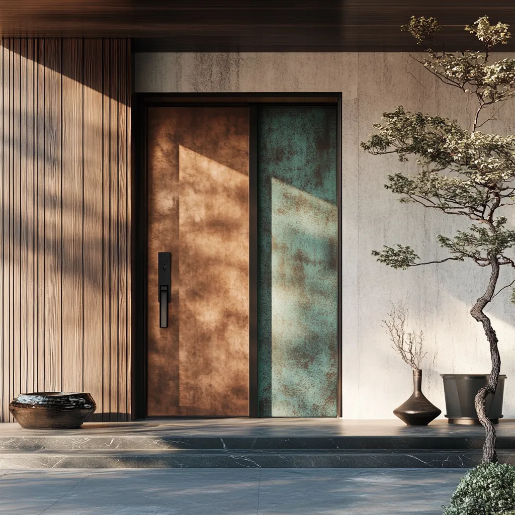 Serene Japanese Nordic fusion entrance with weathered copper door and natural wood elements