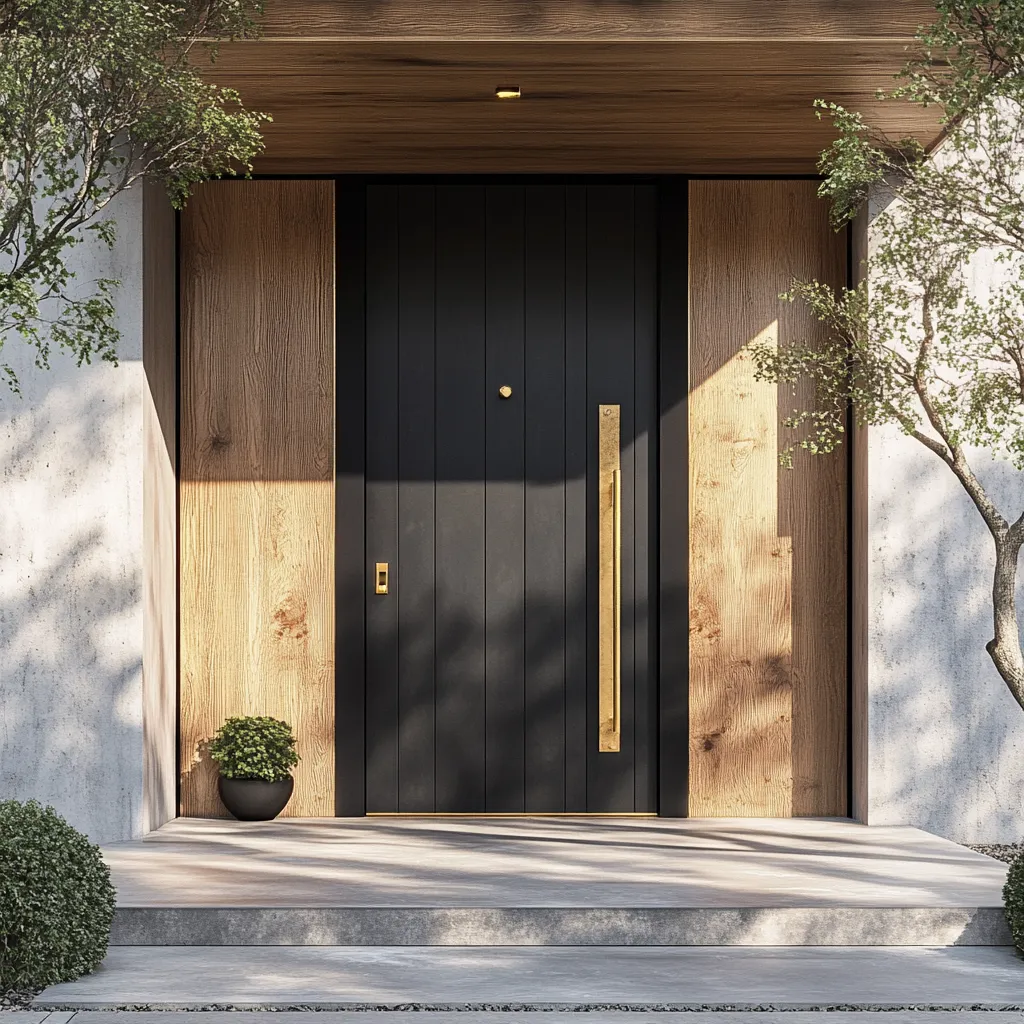 Sophisticated Japandi exterior entrance with oversized black door, wooden frame details, and modern architectural elements