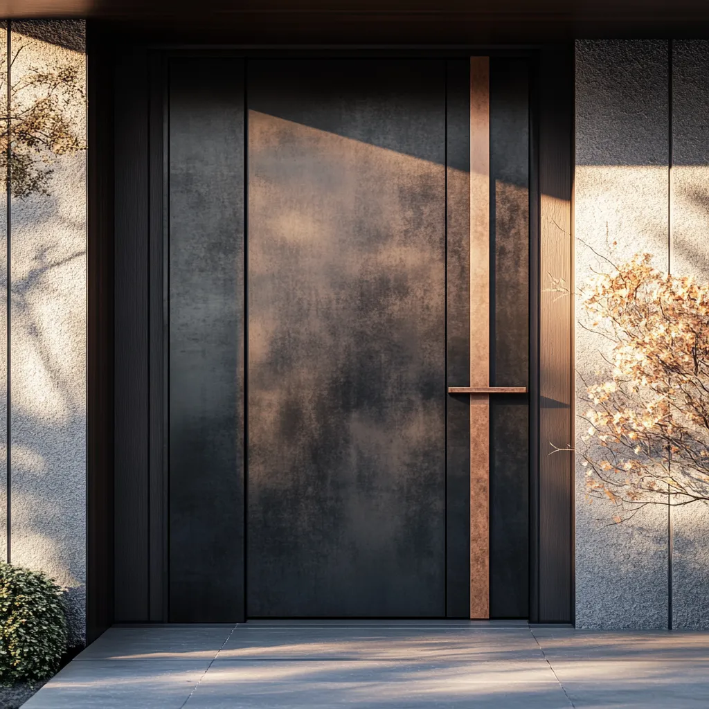 Sophisticated Japanese Scandinavian fusion front door with bronze hardware and clean lines in natural lighting