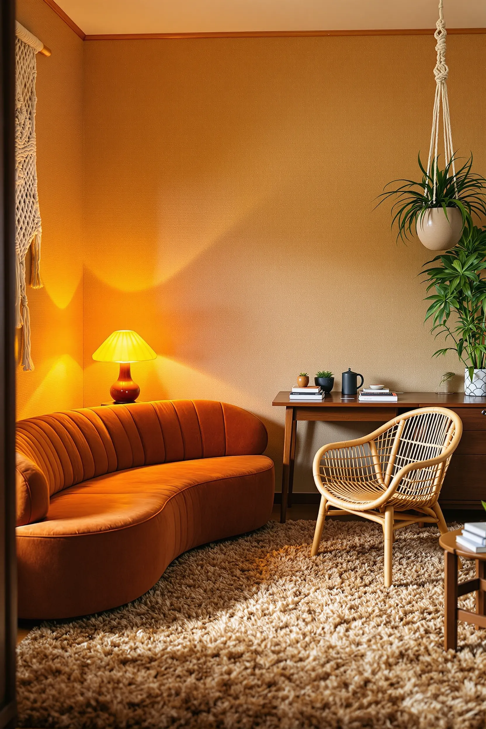 1970s home office with orange velvet sofa rattan chair teak desk grasscloth walls and hanging macram art