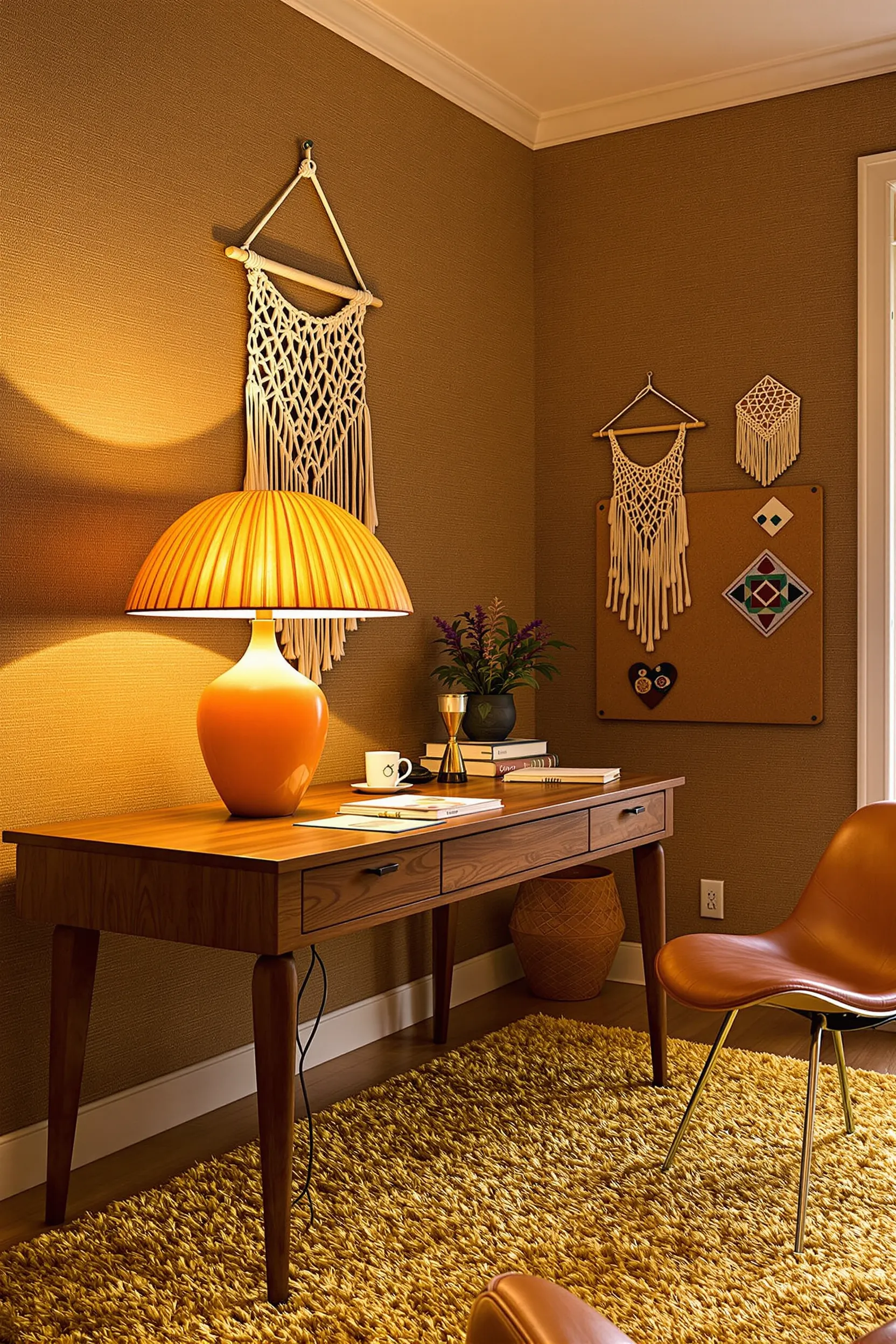 70s home office featuring mushroom lamp grasscloth wallpaper walnut desk macrame art cork board and curved leather chair