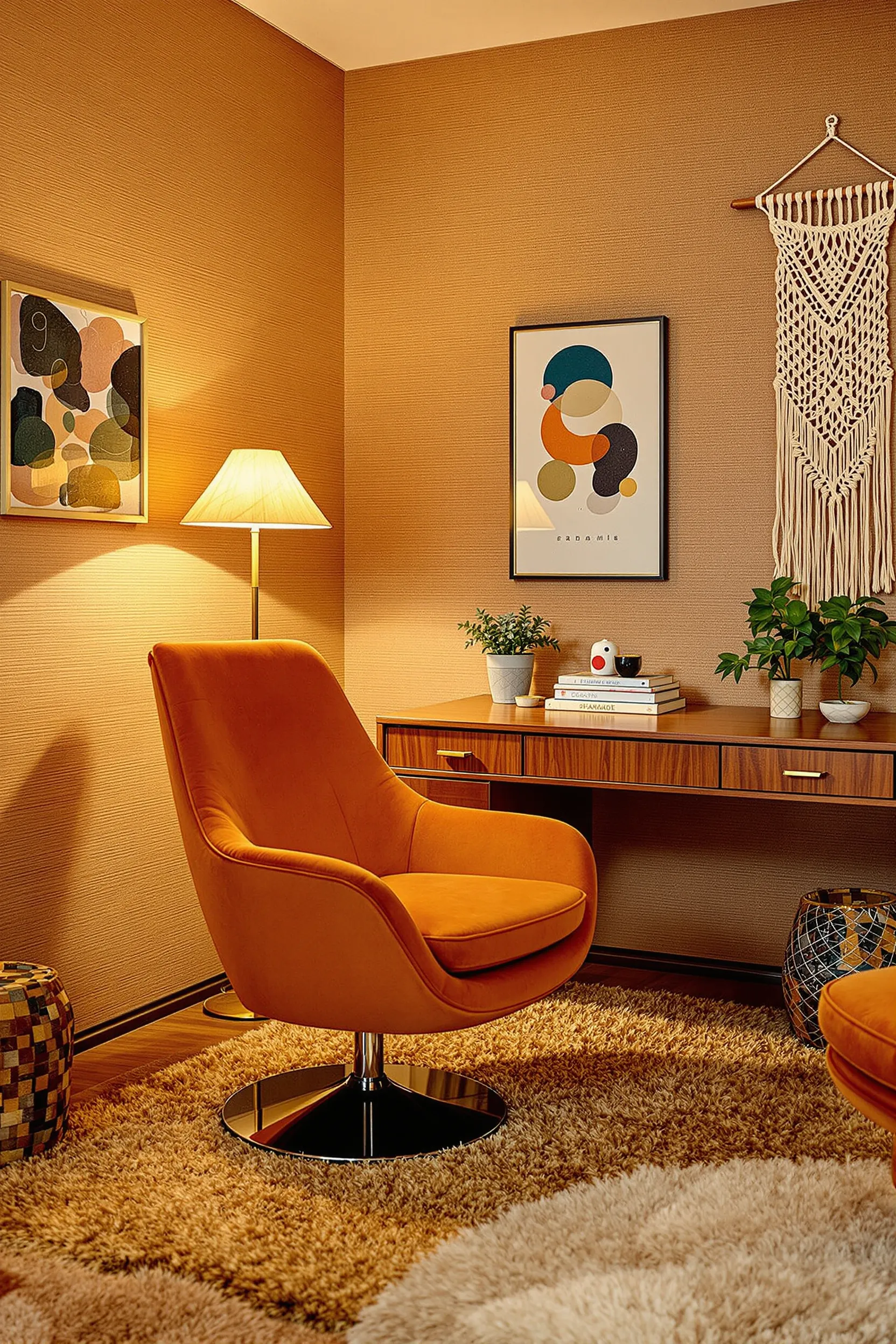 70s home office with burnt orange velvet swivel chair brown grasscloth wallpaper walnut desk and mushroom lamp