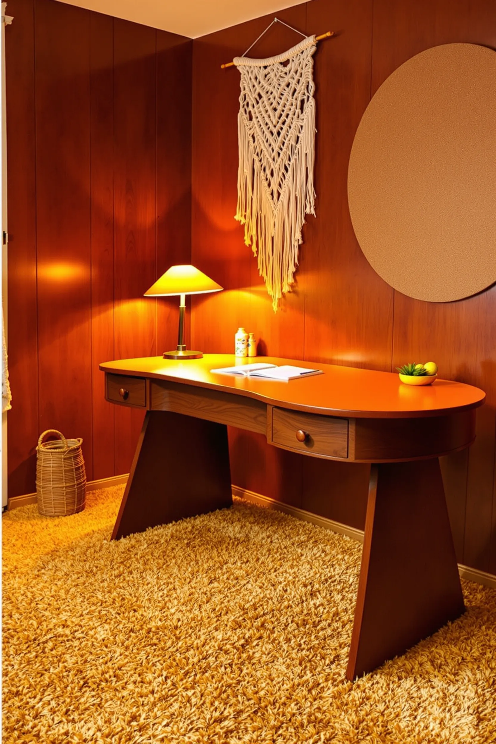 70s home office with curved walnut desk orange top mushroom lamp macrame wall hanging and gold shag carpet