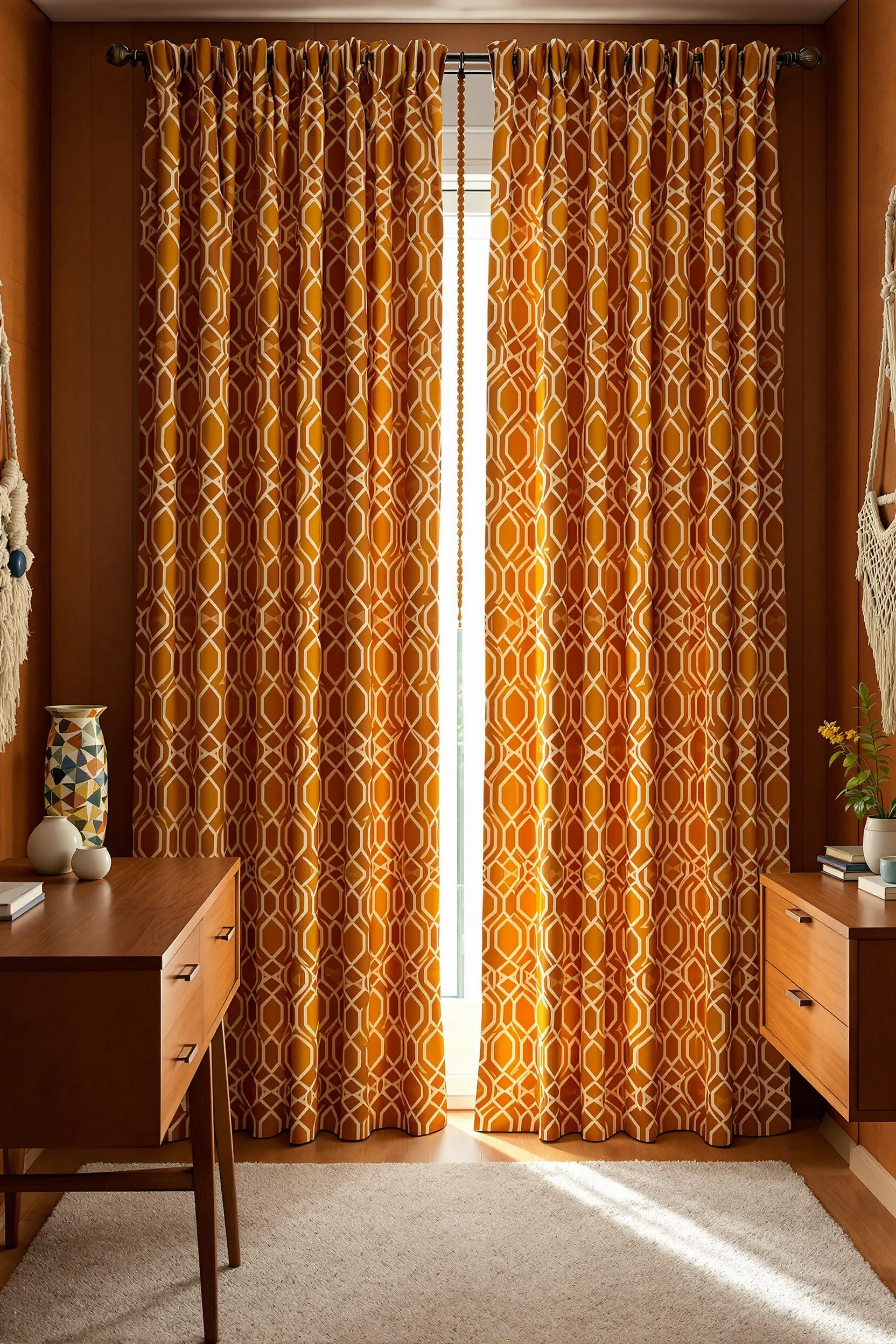 70s home office with geometric gold curtains walnut paneling teak desk macram wall art and cork accent wall