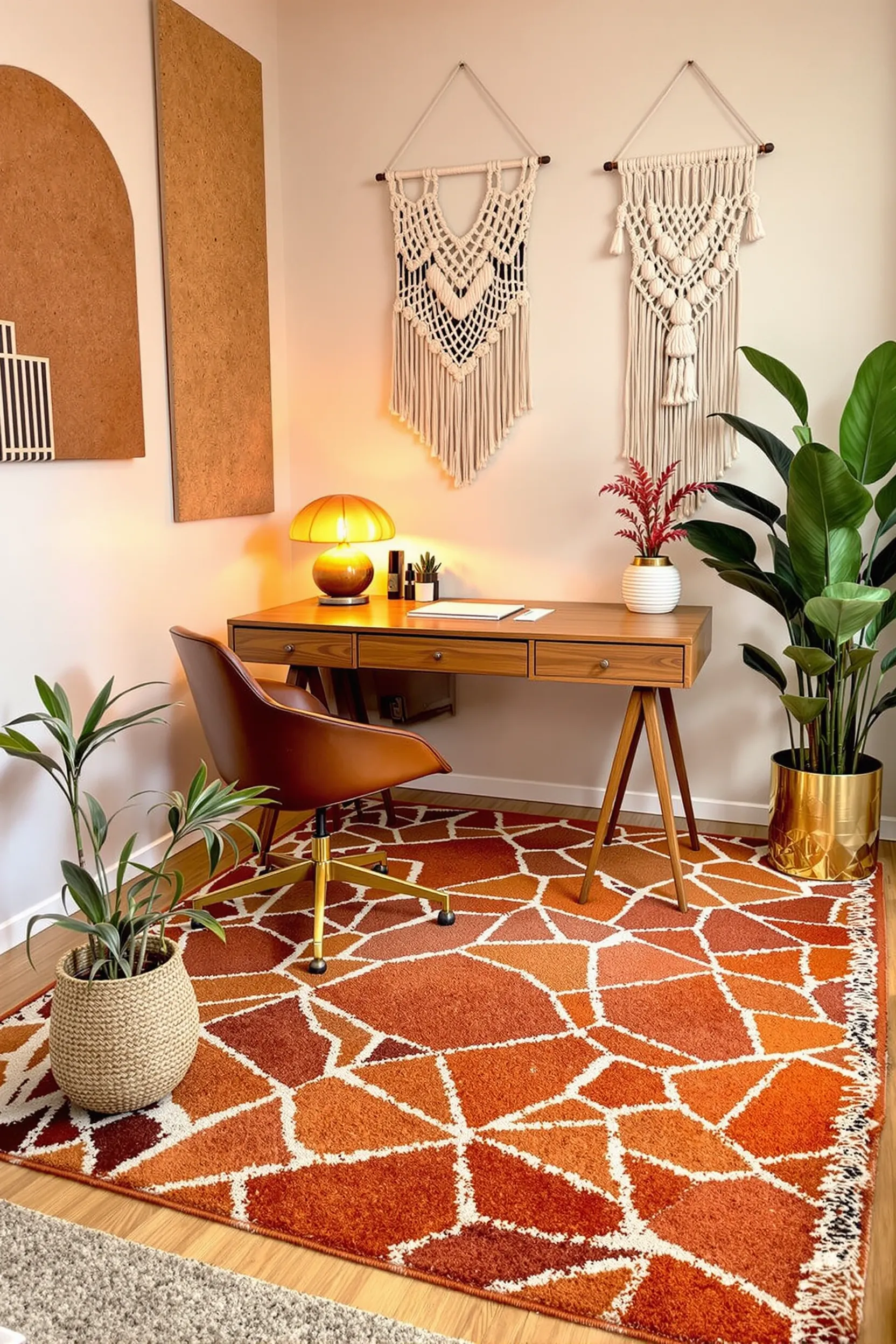 70s home office with geometric orange brown rug walnut desk mushroom lamp macrame art and leather chair