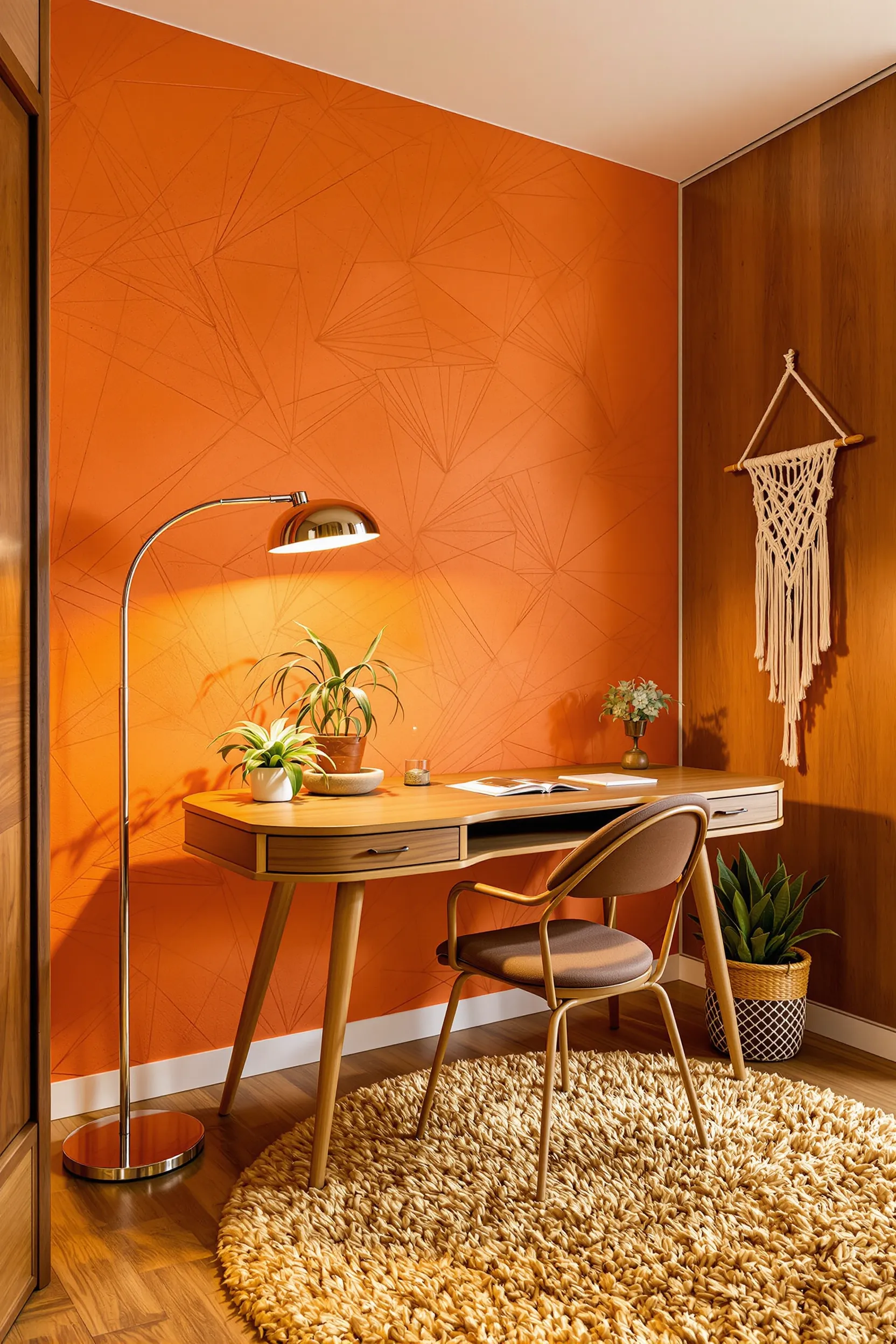 70s home office with orange stucco wall walnut paneling chrome lamp curved desk macrame spider plant gold shag rug