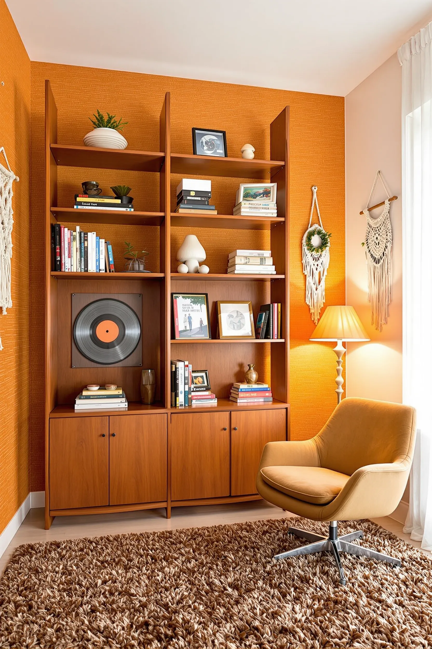 70s home office with wooden bookshelf orange wallpaper mushroom lamp velvet chair macrame art and brown shag carpet