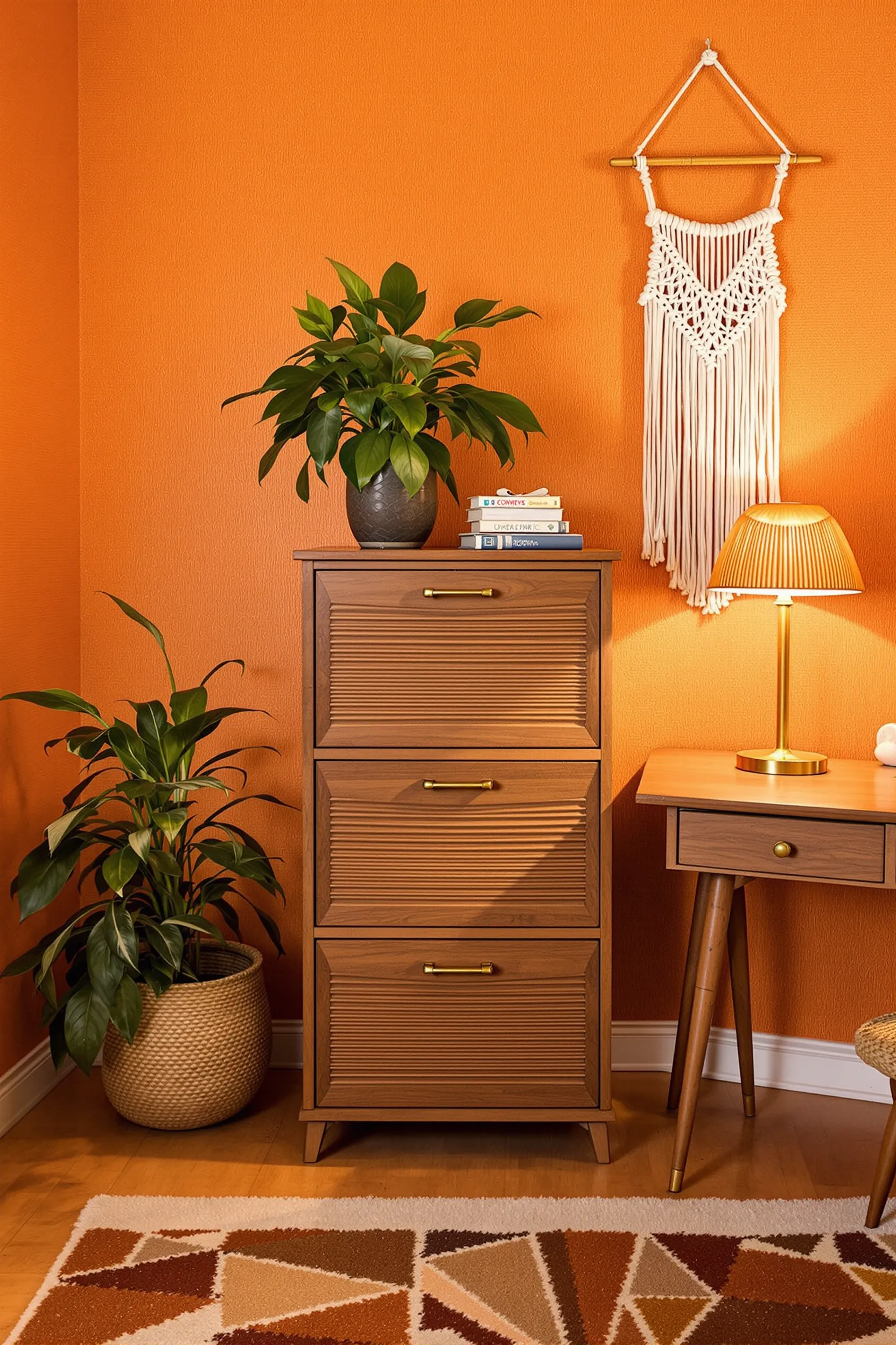 70s home office with wooden filing cabinet orange grasscloth wallpaper mushroom lamp walnut desk macrame wall art and geometric rug