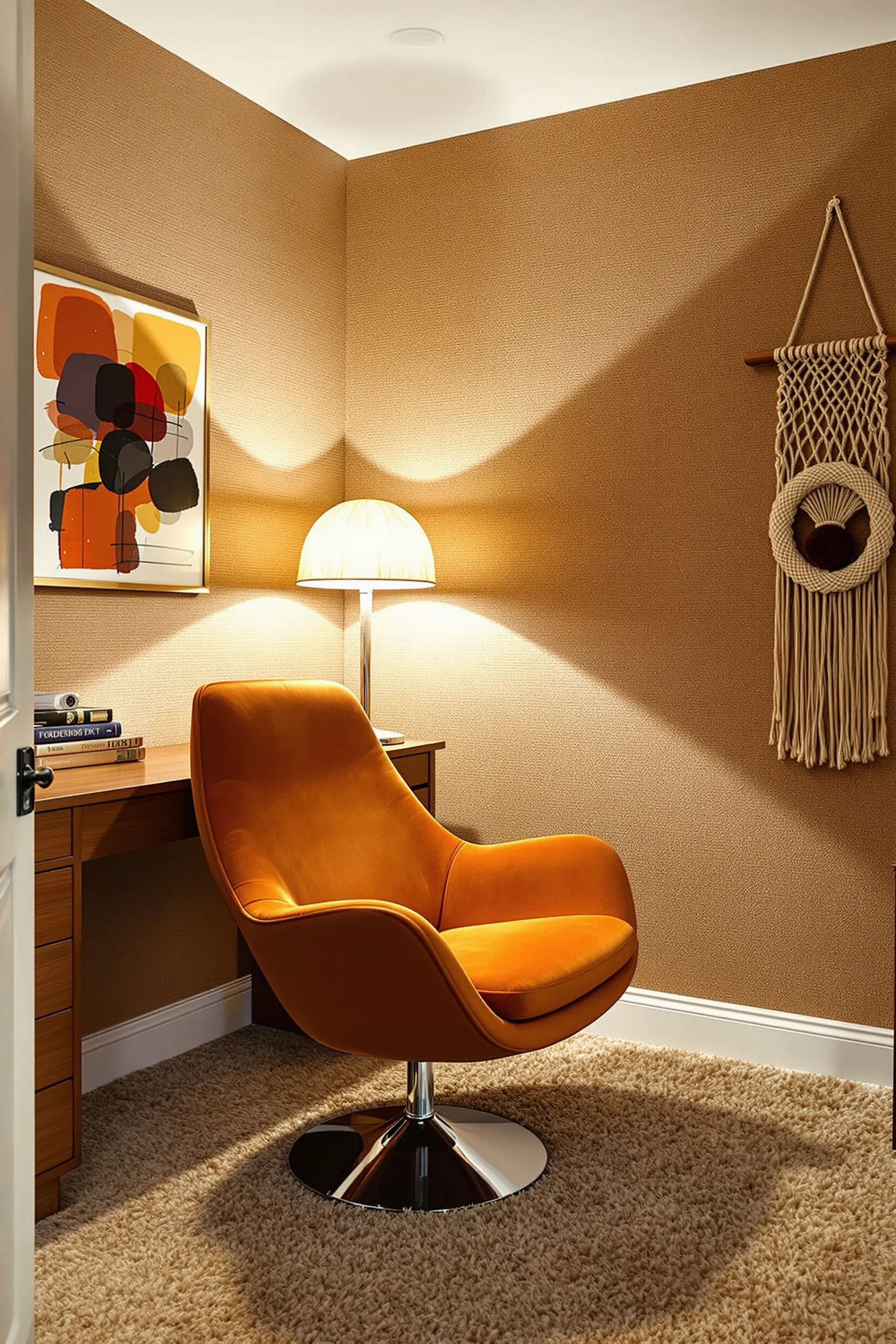 70s inspired office space with ergonomic chair vintage lighting and textured wall elements