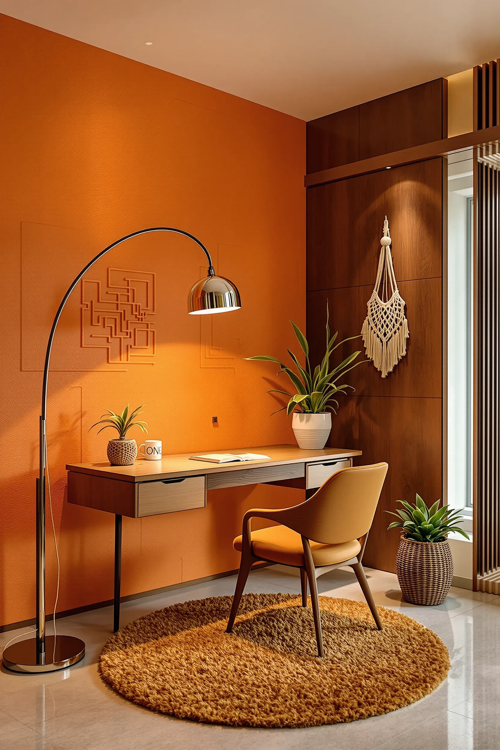 70s inspired workspace with orange textured walls wooden elements hanging plants and vintage lighting