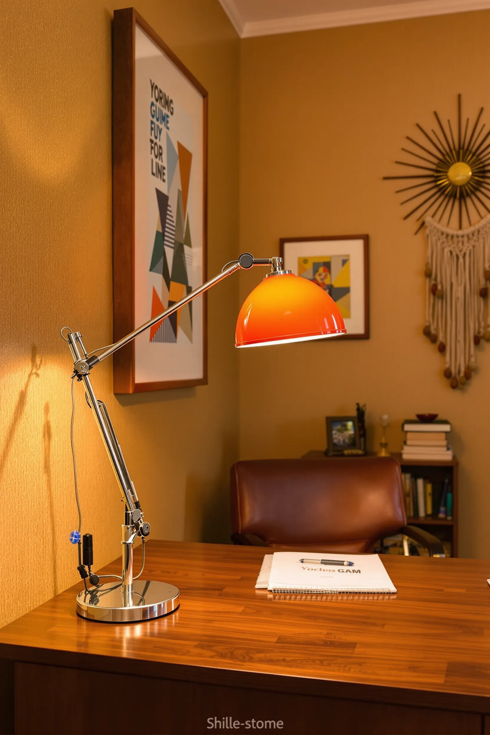 70s style home office featuring chrome lamp walnut desk grasscloth wallpaper and macram wall hanging