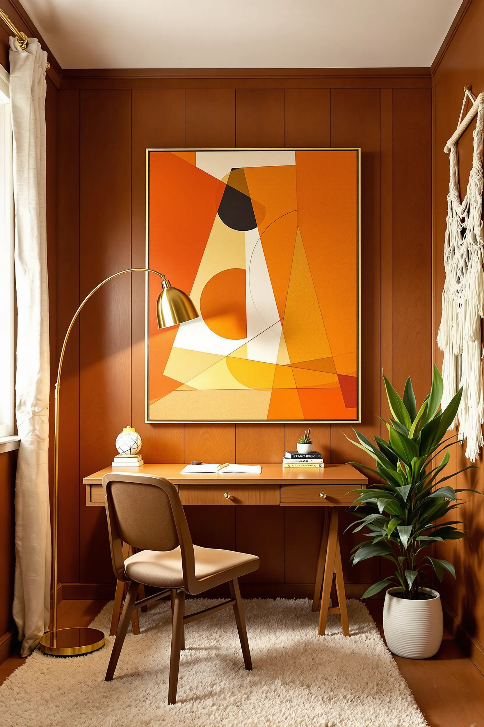 70s style office featuring wood paneling geometric art brass lighting and macrame wall decor