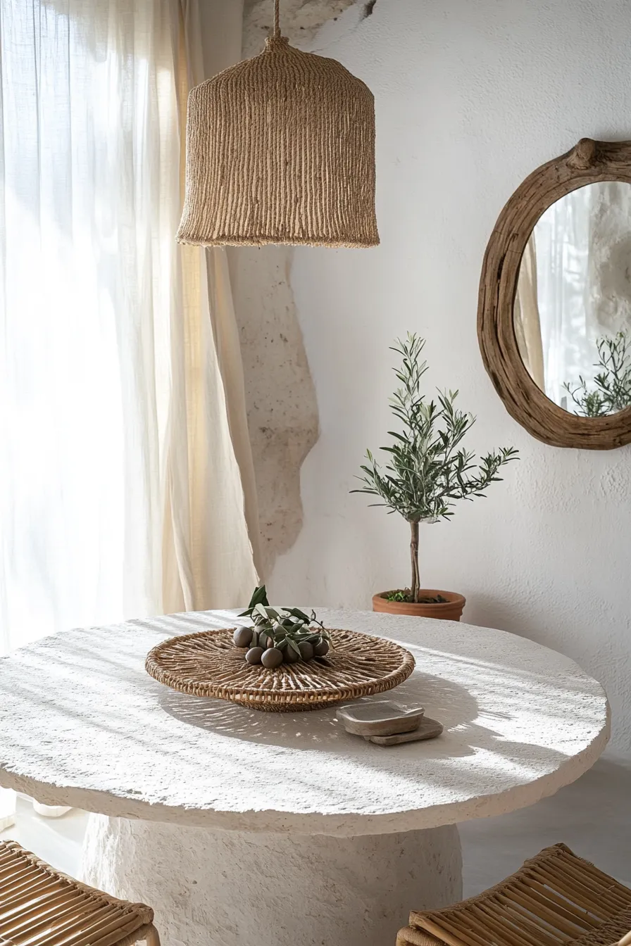 airy dining room with circular stone table natural woven elements bamboo chairs and driftwood mirror in mediterranean style