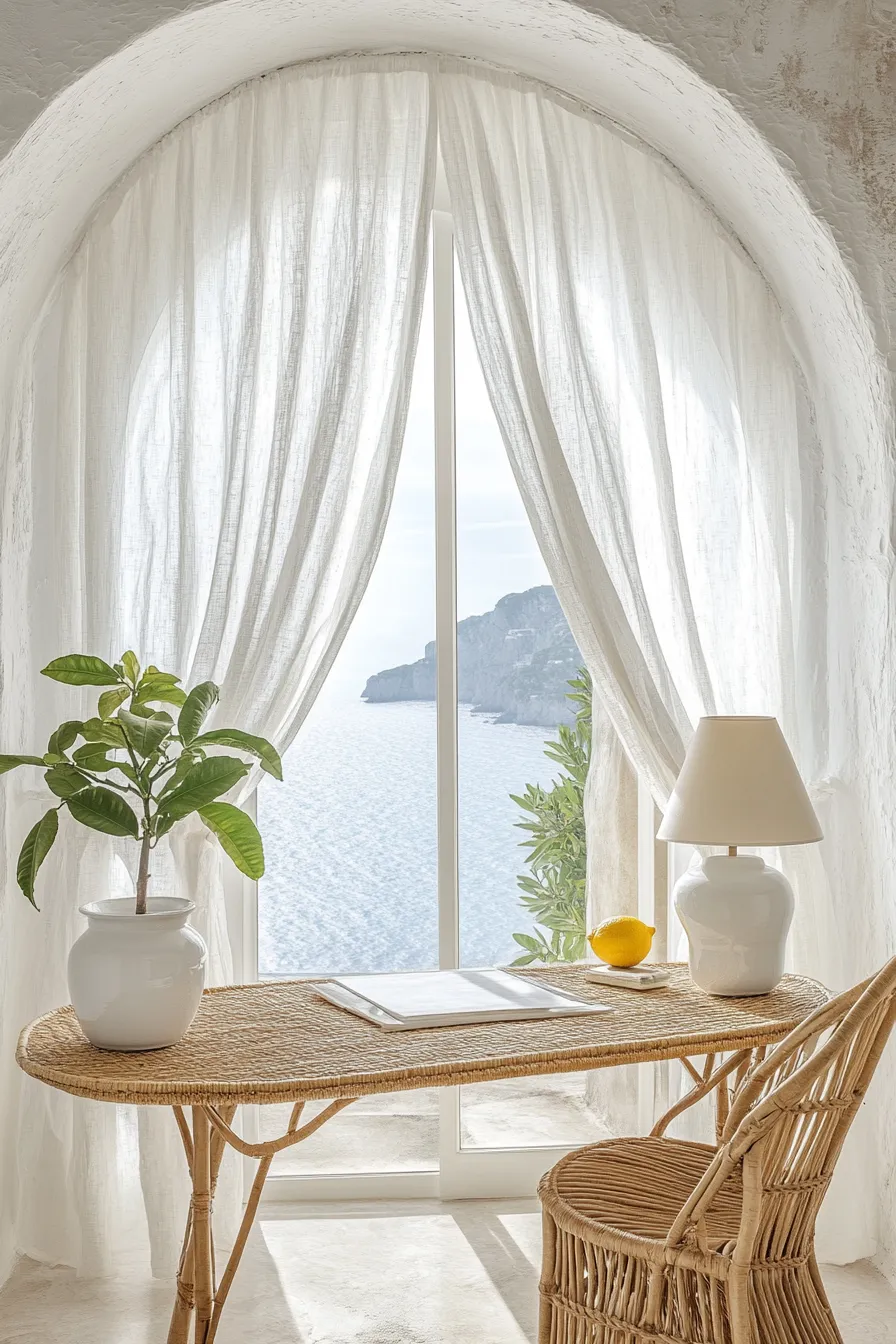 arched window with white linen curtains rattan desk seagrass chair ceramic lamp and lemon tree in mediterranean office