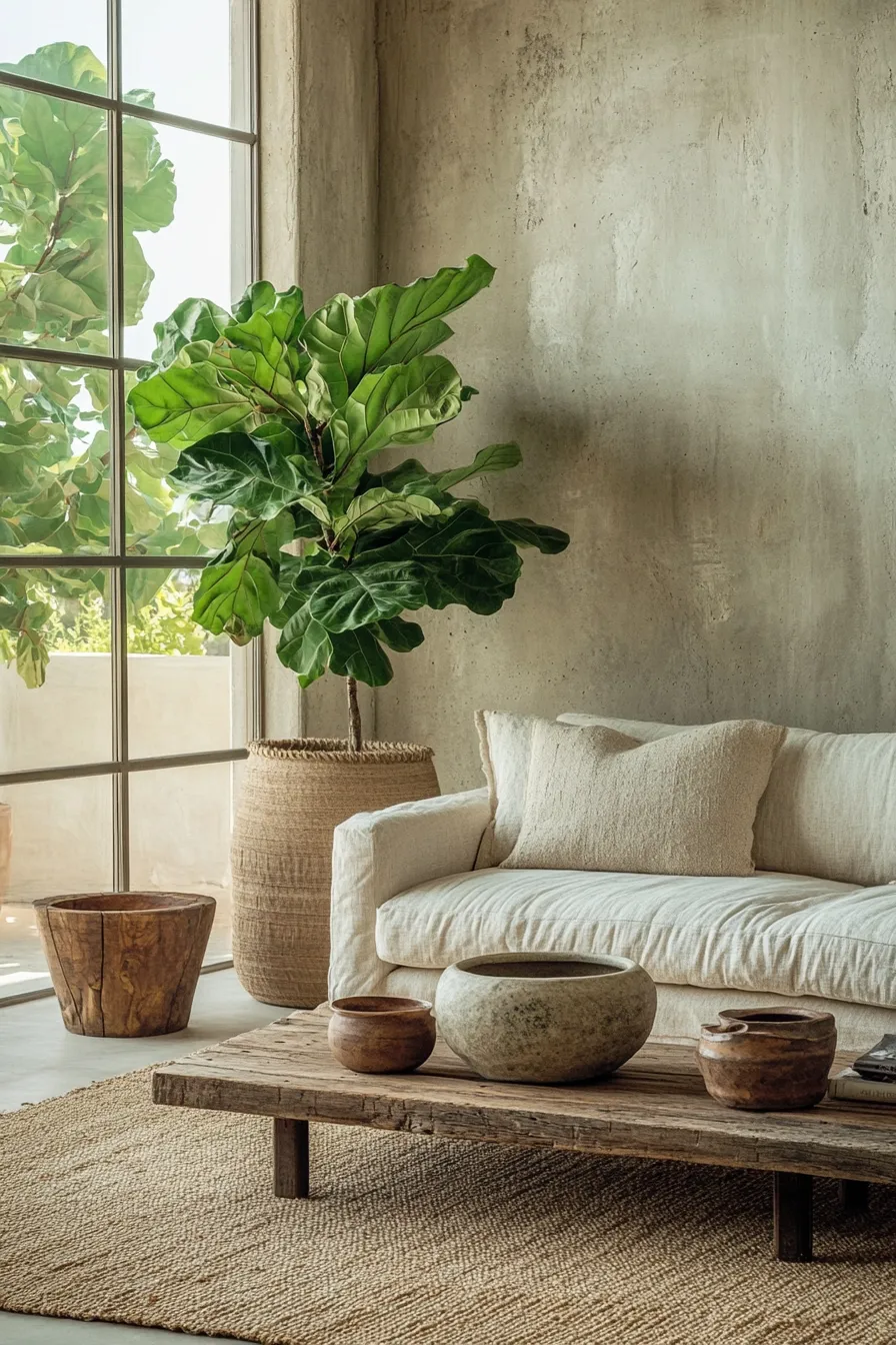 balanced modern room featuring fiddle leaf fig concrete walls natural wood and woven textiles