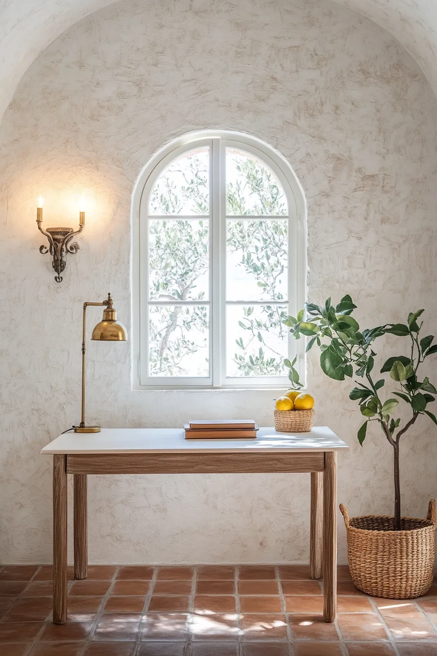 bright coastal office featuring limestone walls arched window wooden desk and decorative brass lighting