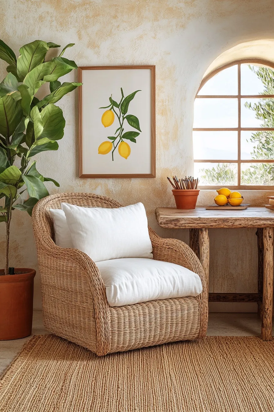 bright coastal office featuring wicker chair stucco walls terra cotta planter and lemon artwork