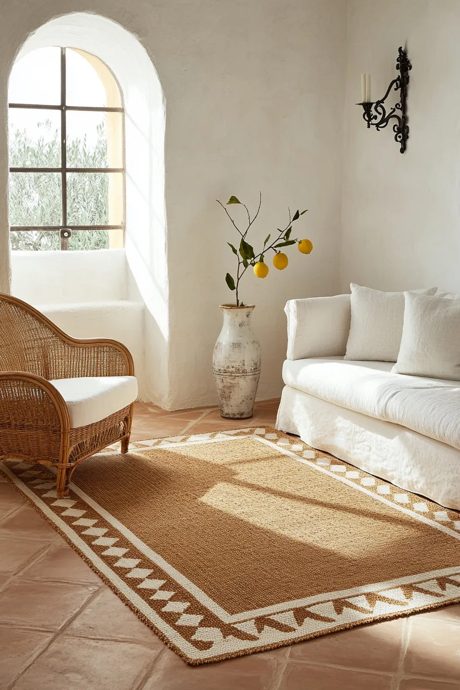 bright coastal office space with geometric patterned rug white walls curved rattan seating and arched window with natural light