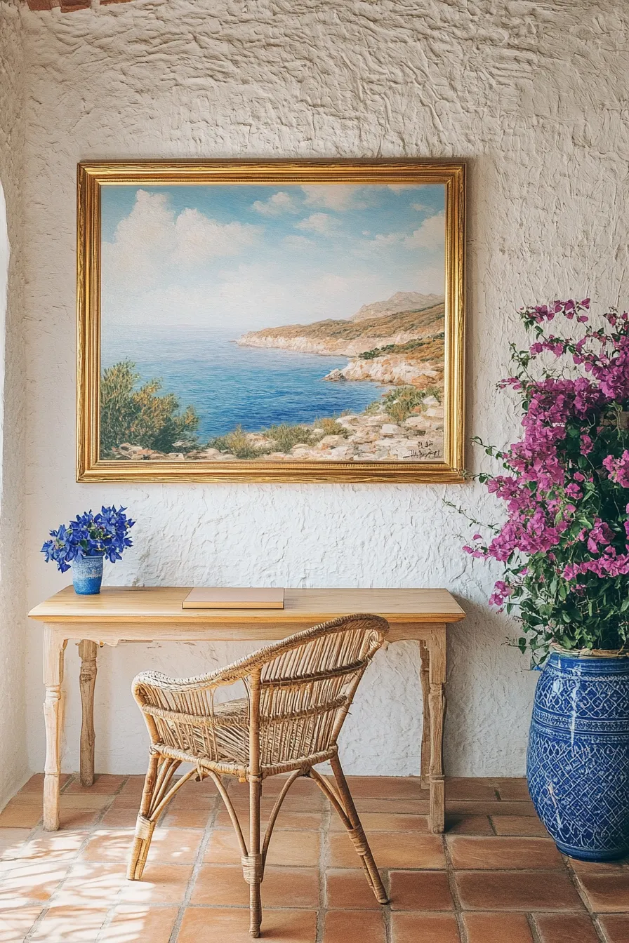 bright coastal office with seascape art whitewashed walls terracotta tiles rattan furniture and arched window letting in natural light