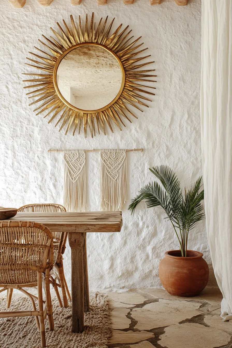 bright dining room featuring gold sunburst mirror textured walls linen curtains and stone flooring with natural rug