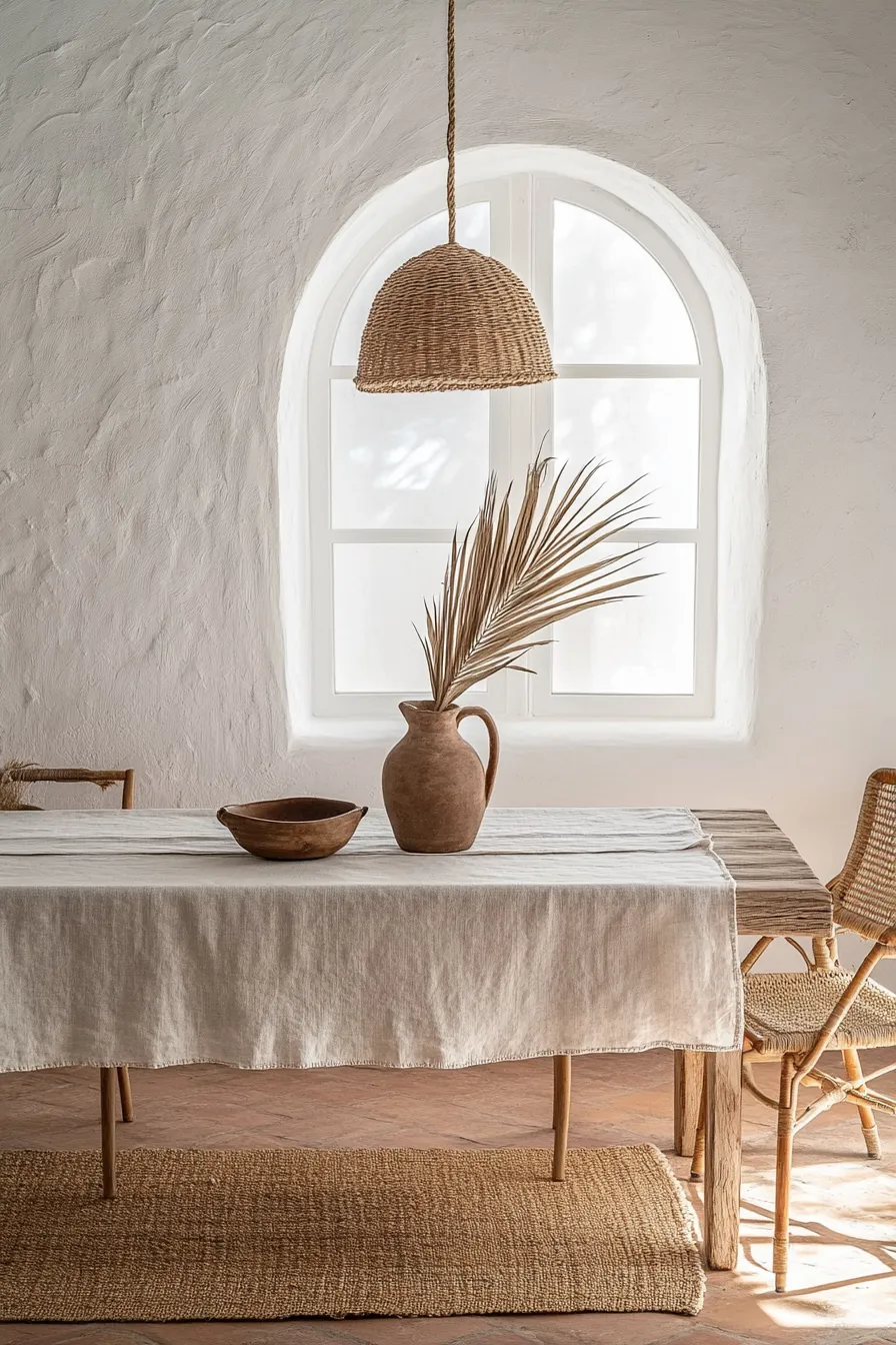 bright dining room with weathered table white stucco walls rattan pendant light and natural woven elements