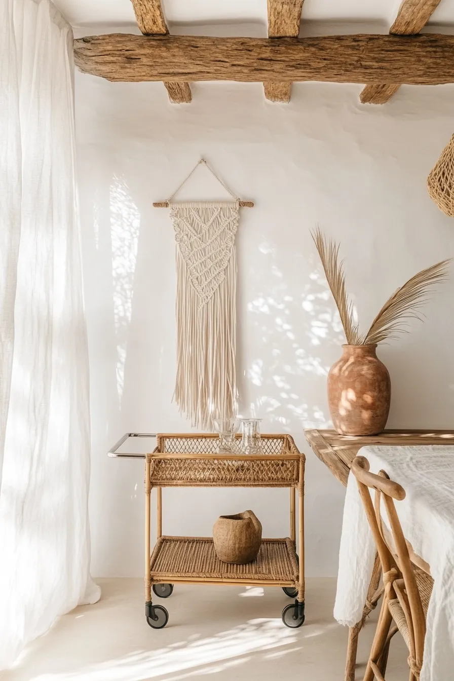 bright dining space with rattan bar cart beamed ceiling macrame art and amphora with palm frond