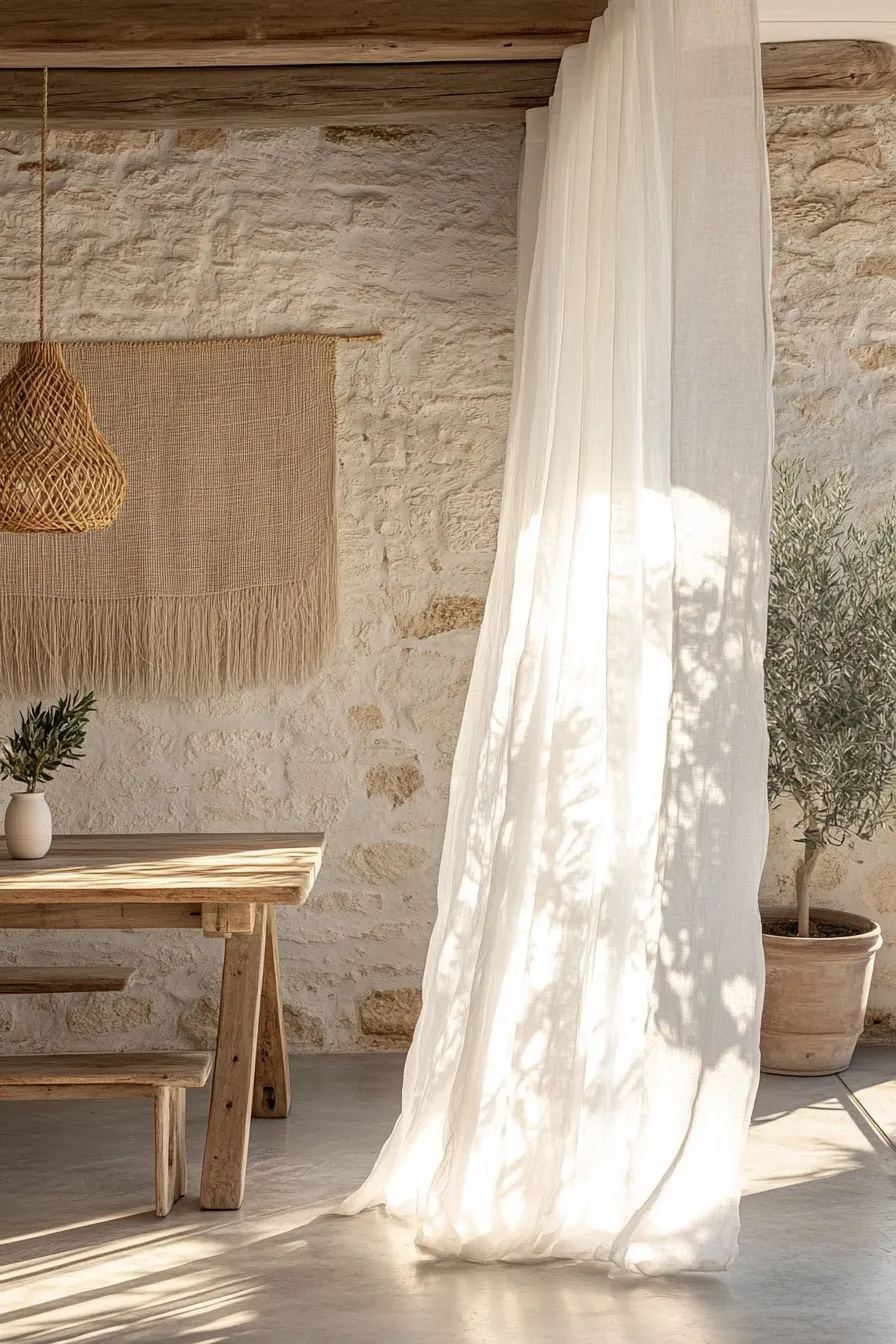 bright mediterranean dining space with floating white curtains rustic table concrete floors and woven pendant light