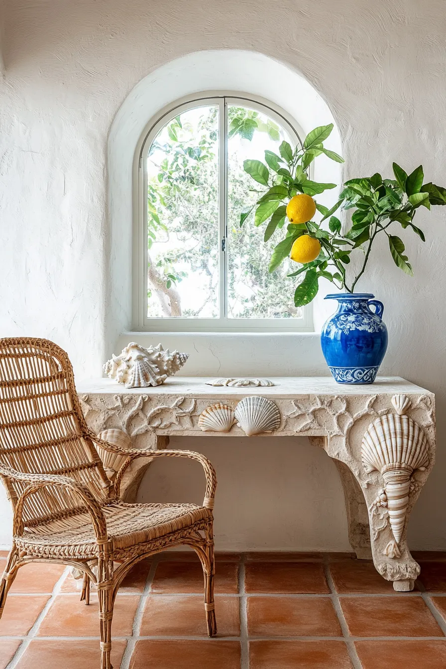 bright mediterranean office space with seashellcarved desk rattan seating and arched window view