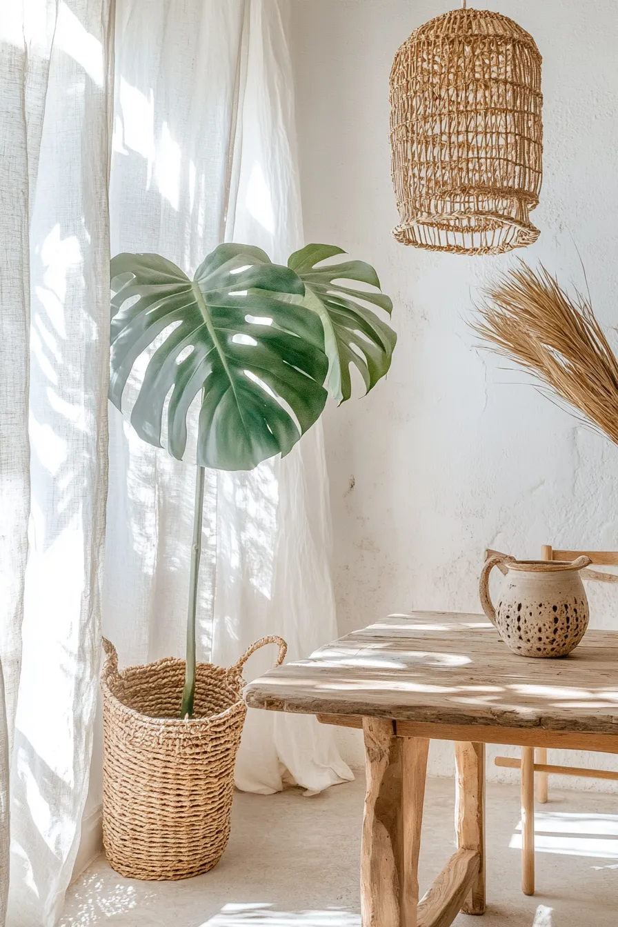 bright spanish dining room with monstera plant in basket whitewashed walls rattan furniture wooden table and woven pendant light