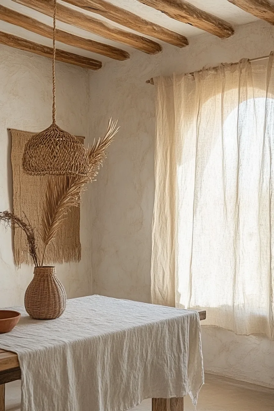 bright spanish dining room with whitewashed walls wooden beams farmhouse table rattan pendant and arched window filtering natural light