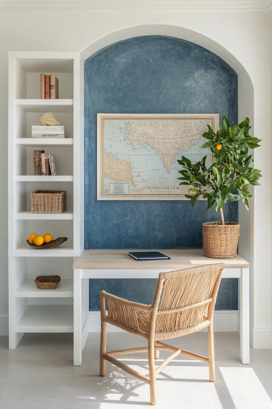 builtin white shelving unit with mediterranean blue wall rattan chair and citrus tree in terracotta planter