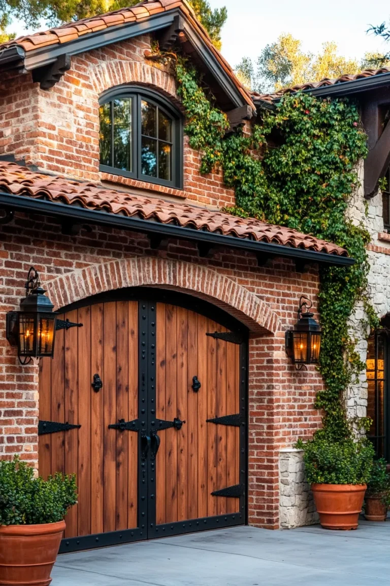 carriage style garage door on red brick house with black hardware copper lanterns and climbing ivy on archway